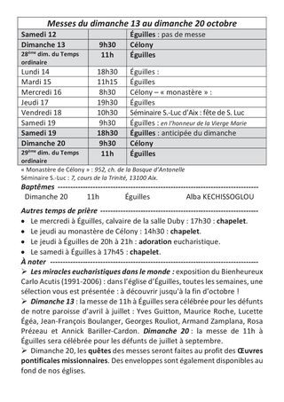 Horaires des messes du 13 au 20 Novembre 2022