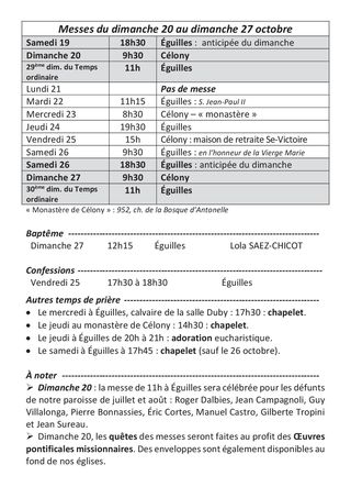 Horaires des messes du 13 au 20 Novembre 2022