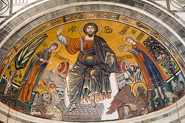 Prague - The fresco of Christ the Pantokrator among the angels by Josef Matyas Trenkwald and Gustav Vacek (second half of the 19th  cent.)
