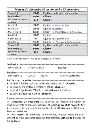 Horaires des messes du 13 au 20 Novembre 2022