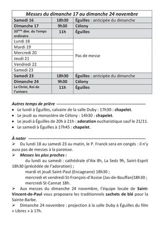 Horaires des messes du 13 au 20 Novembre 2022